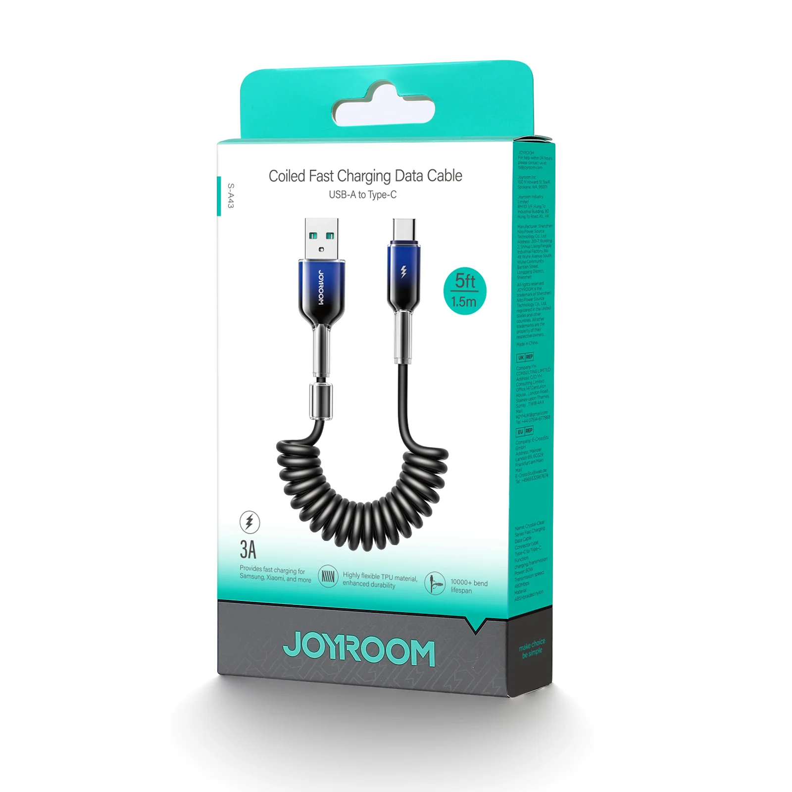 S-A43 Coiled Fast Charging Cable Type-C to Type-C 60W/Type-C to Lightning 30W/Lightning 3A/Type-C 3A Cable 1.2m black - Image 5