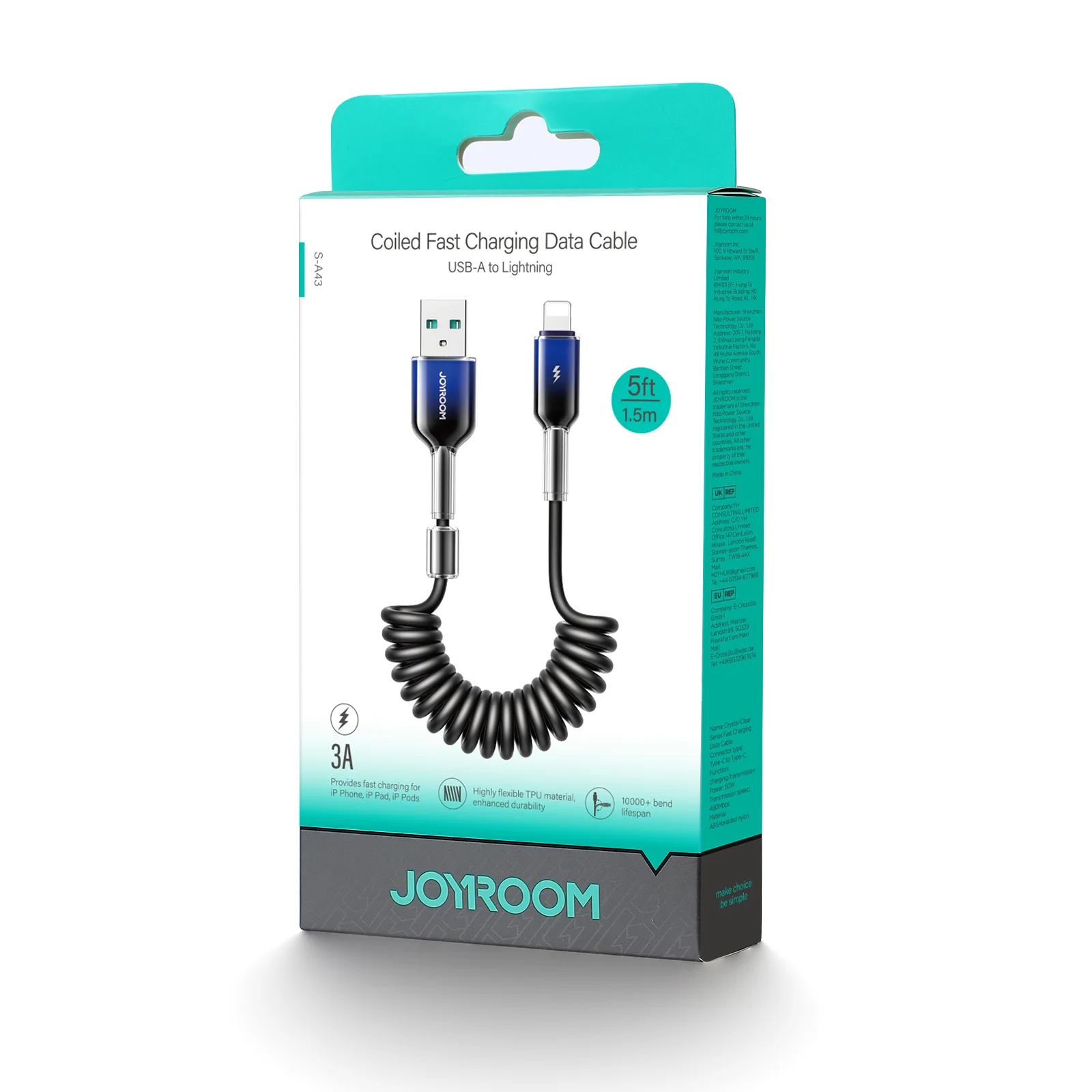 S-A43 Coiled Fast Charging Cable Type-C to Type-C 60W/Type-C to Lightning 30W/Lightning 3A/Type-C 3A Cable 1.2m black - Image 6