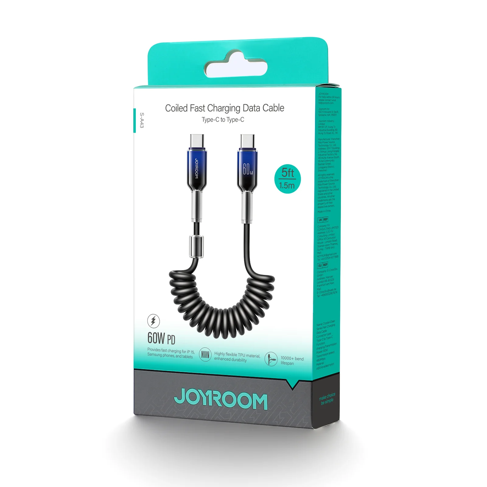 S-A43 Coiled Fast Charging Cable Type-C to Type-C 60W/Type-C to Lightning 30W/Lightning 3A/Type-C 3A Cable 1.2m black - Image 7