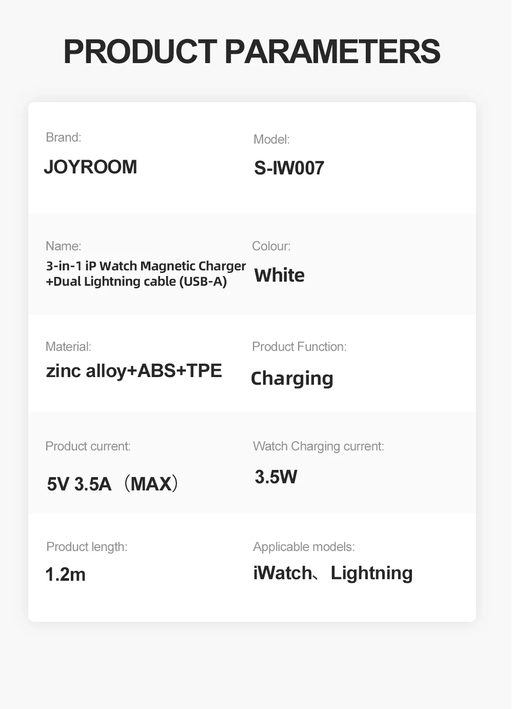 S-IW007 3-in-1 iP Watch Magnetic Charger+Dual Lightning cable (USB-A) 1.2m-White - Image 11