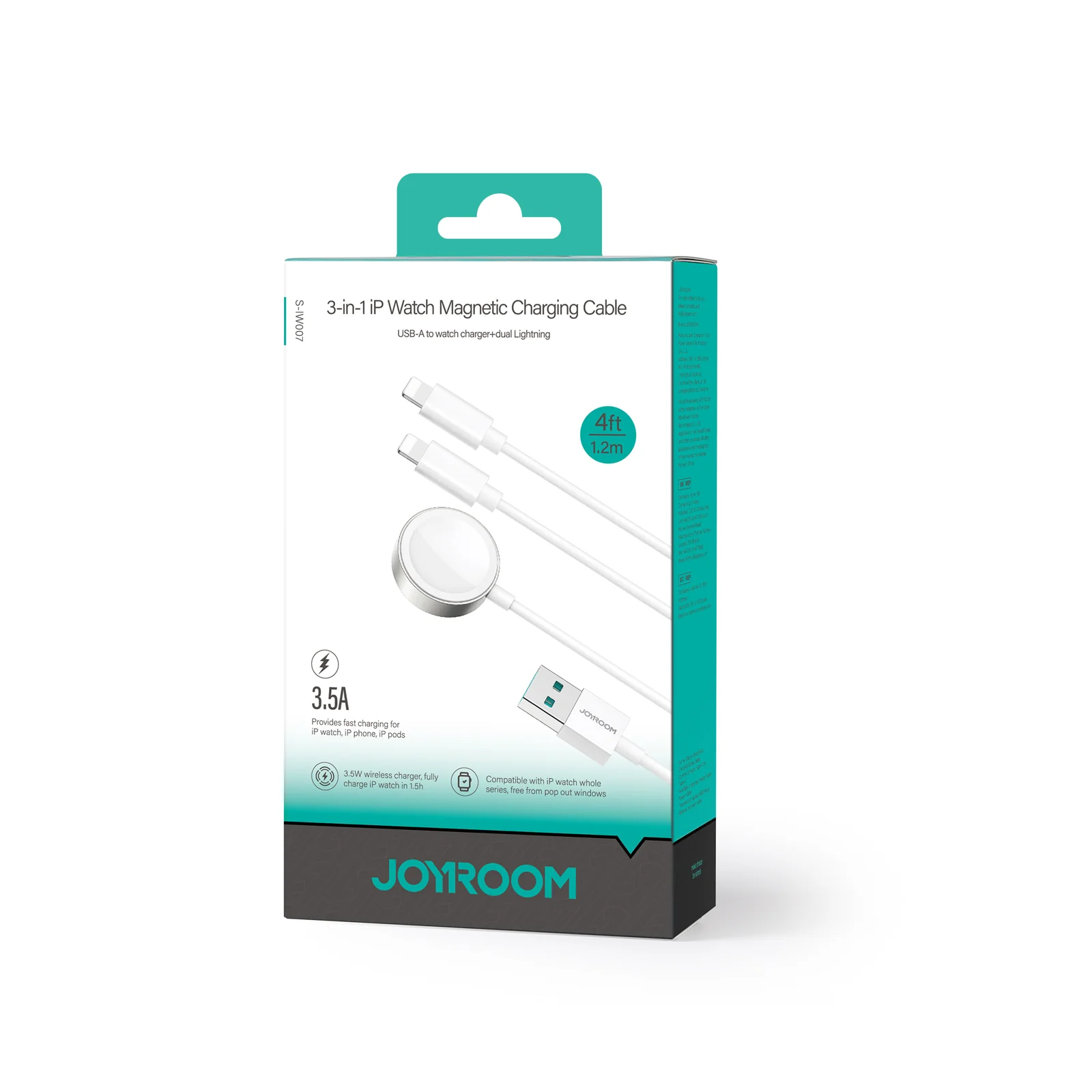 S-IW007 3-in-1 iP Watch Magnetic Charger+Dual Lightning cable (USB-A) 1.2m-White - Image 2