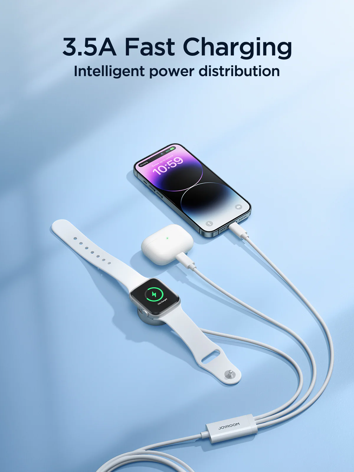 S-IW007 3-in-1 iP Watch Magnetic Charger+Dual Lightning cable (USB-A) 1.2m-White - Image 3