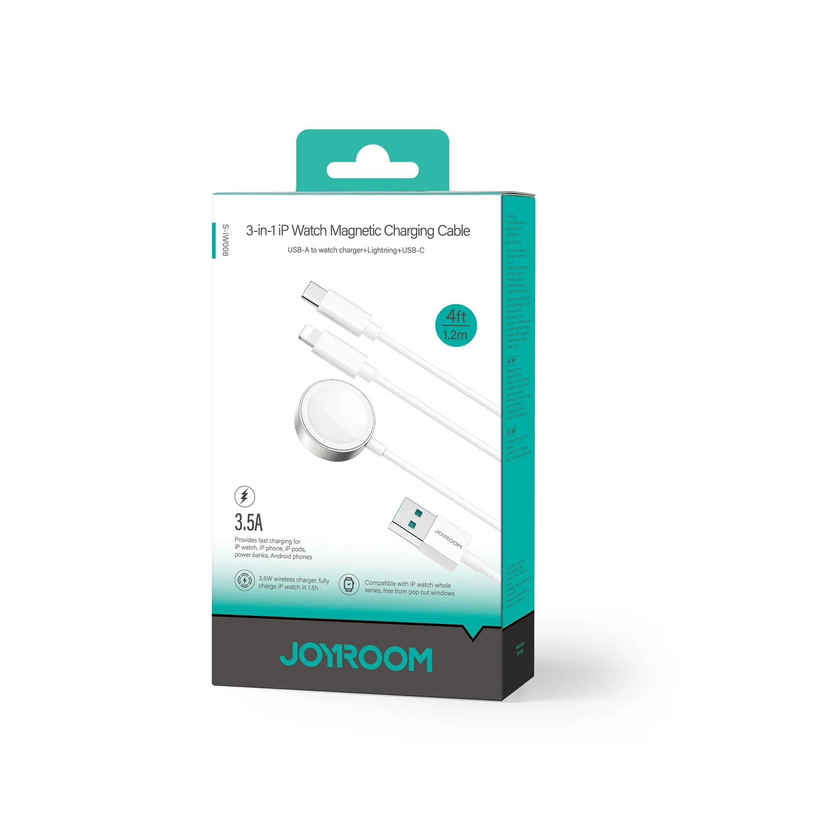 S-IW008 3-in-1 iP Watch Magnetic Charger+Lightning+Type-C cable (USB-A) 1.2m-White - Image 7