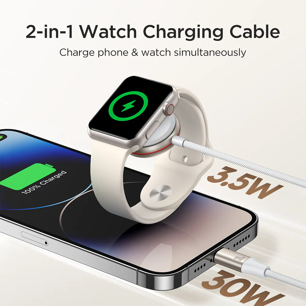 S-IW012 2-in-1 iP Watch Magnetic Charger+30W Fast Charging Cable (USB-C) 1.5m-White - Image 2