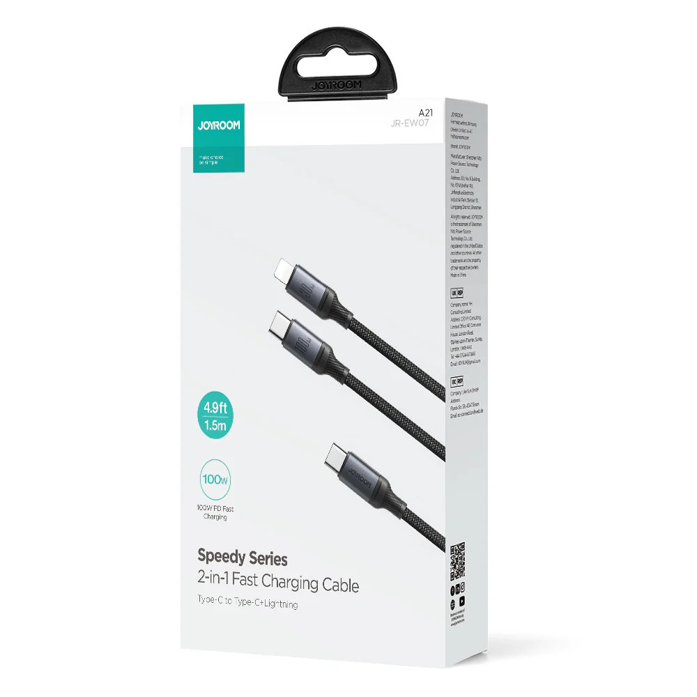 SA21-1T2 Speedy Series 100W 2-in-1 Fast Charging Cable (Type-C to L+C) 1.5m-Black - Image 7