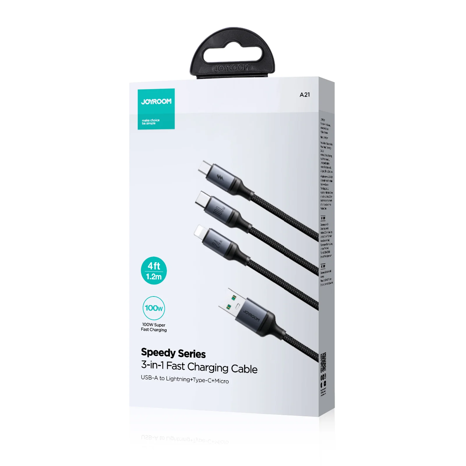 SA21-1T3 Speedy Series 100W 3-in-1 Fast Charging Cable ( L+C+M) 1.2m-Black - Image 7