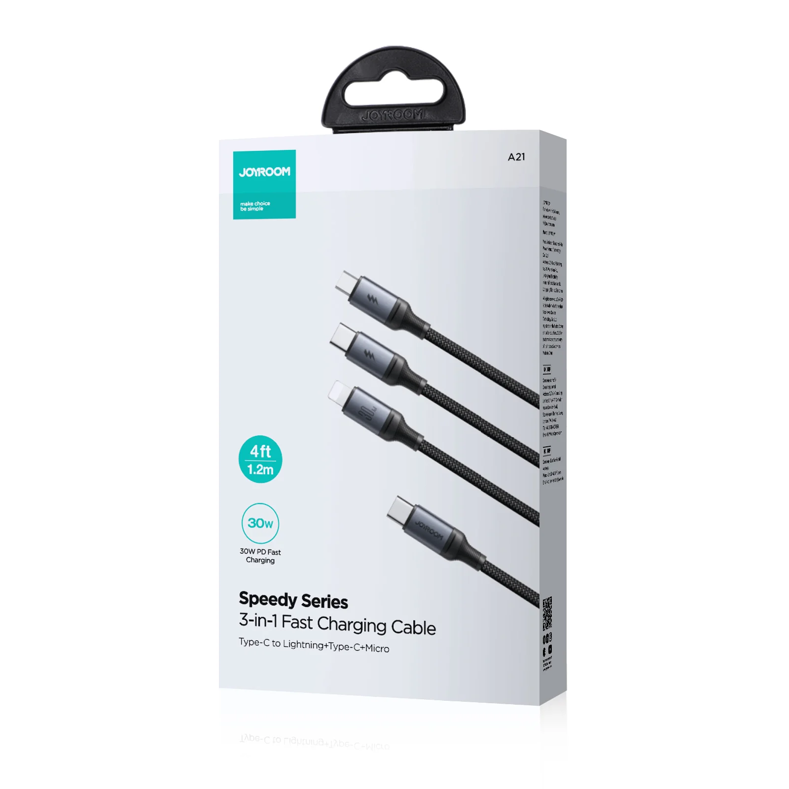 SA21-1T3 Speedy Series 30W 3-in-1 Fast Charging Cable (Type-C to L+C+M) 1.2m-Black - Image 7