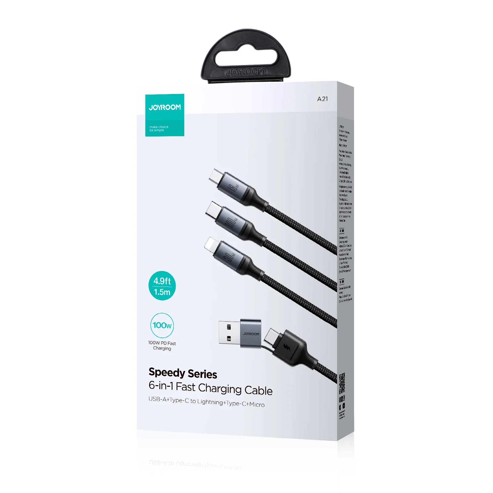 SA21-2T3 Speedy Series 100W 6-in-1 Fast Charging Cable (USB-A+Type-C to L+C+M) 1.5m-Black - Image 7