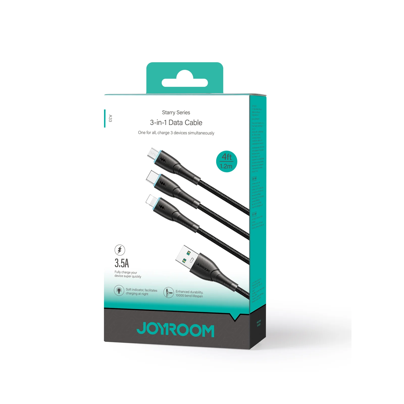 SA33-1T3 3.5A 3-in-1 Data Cable (Lightning+Type-C+Micro) 1.2m-Black/white - Image 7