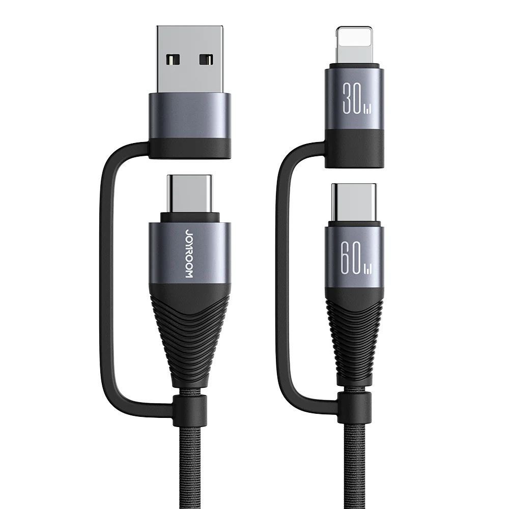 SA37-2T2 60W 4-in-1 Fast Charging Data Cable (USB-A+Type-C to Lightning+Type-C/Type-C to Lightning+Type-C) 1.2m-Black - Image 2