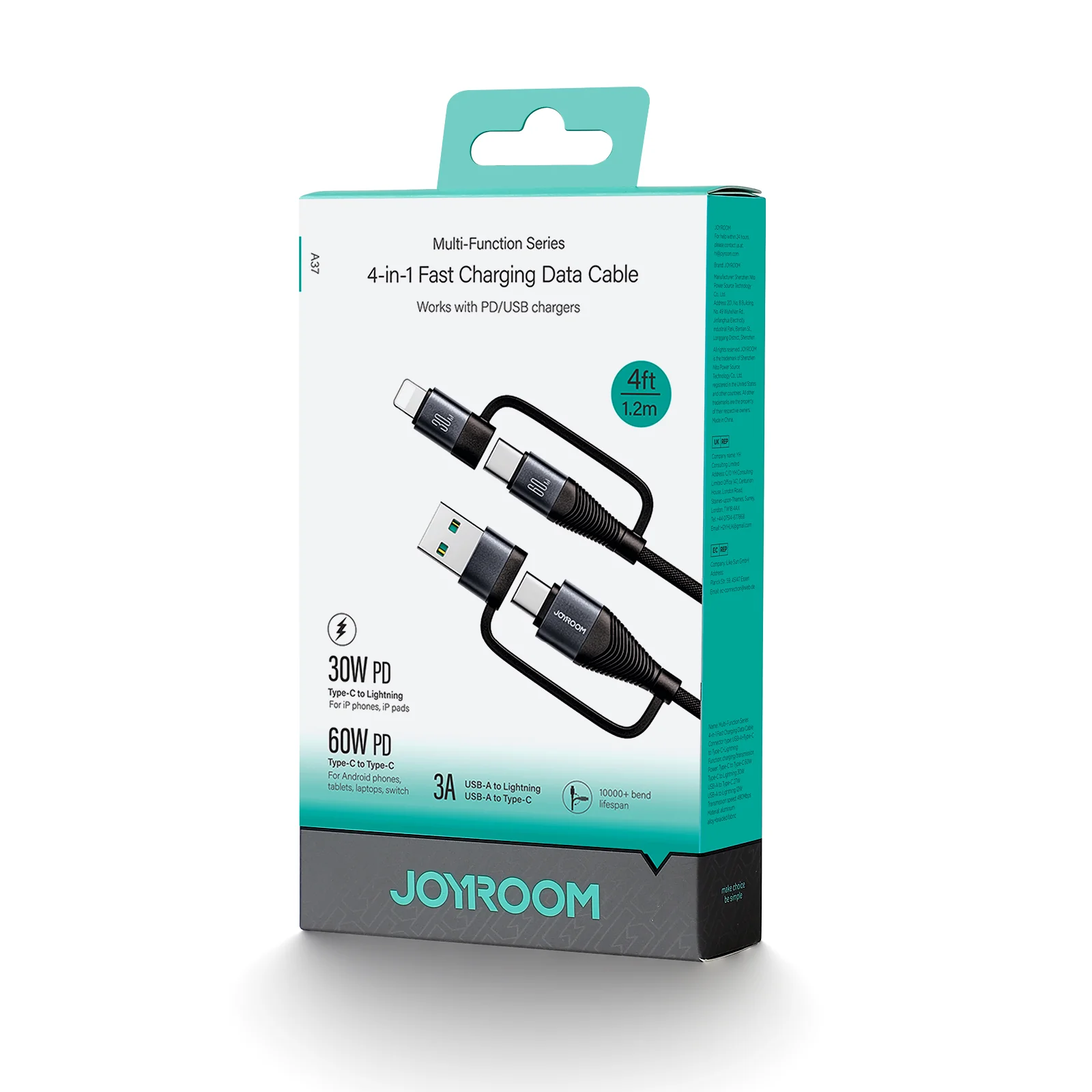 SA37-2T2 60W 4-in-1 Fast Charging Data Cable (USB-A+Type-C to Lightning+Type-C/Type-C to Lightning+Type-C) 1.2m-Black - Image 3