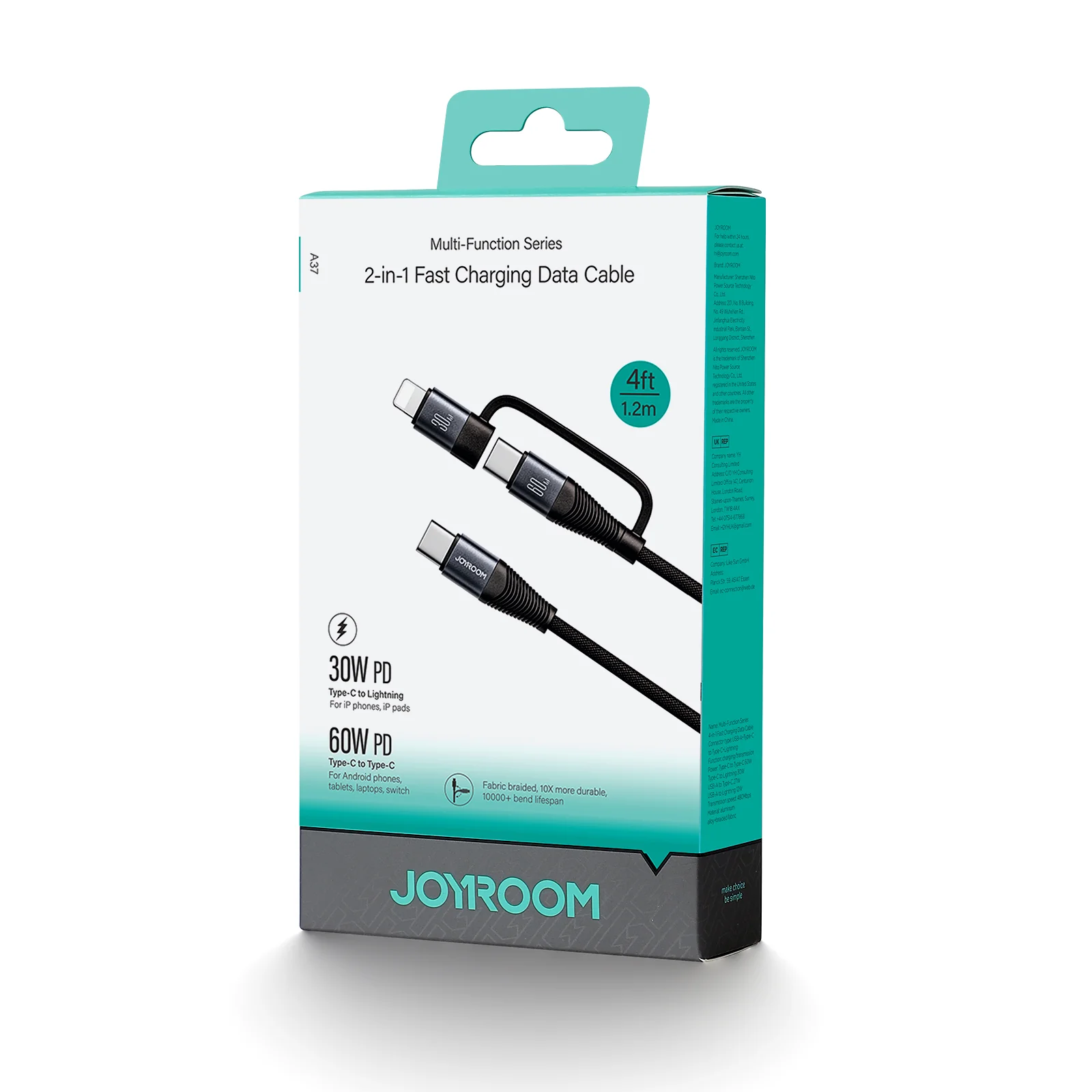 SA37-2T2 60W 4-in-1 Fast Charging Data Cable (USB-A+Type-C to Lightning+Type-C/Type-C to Lightning+Type-C) 1.2m-Black - Image 4