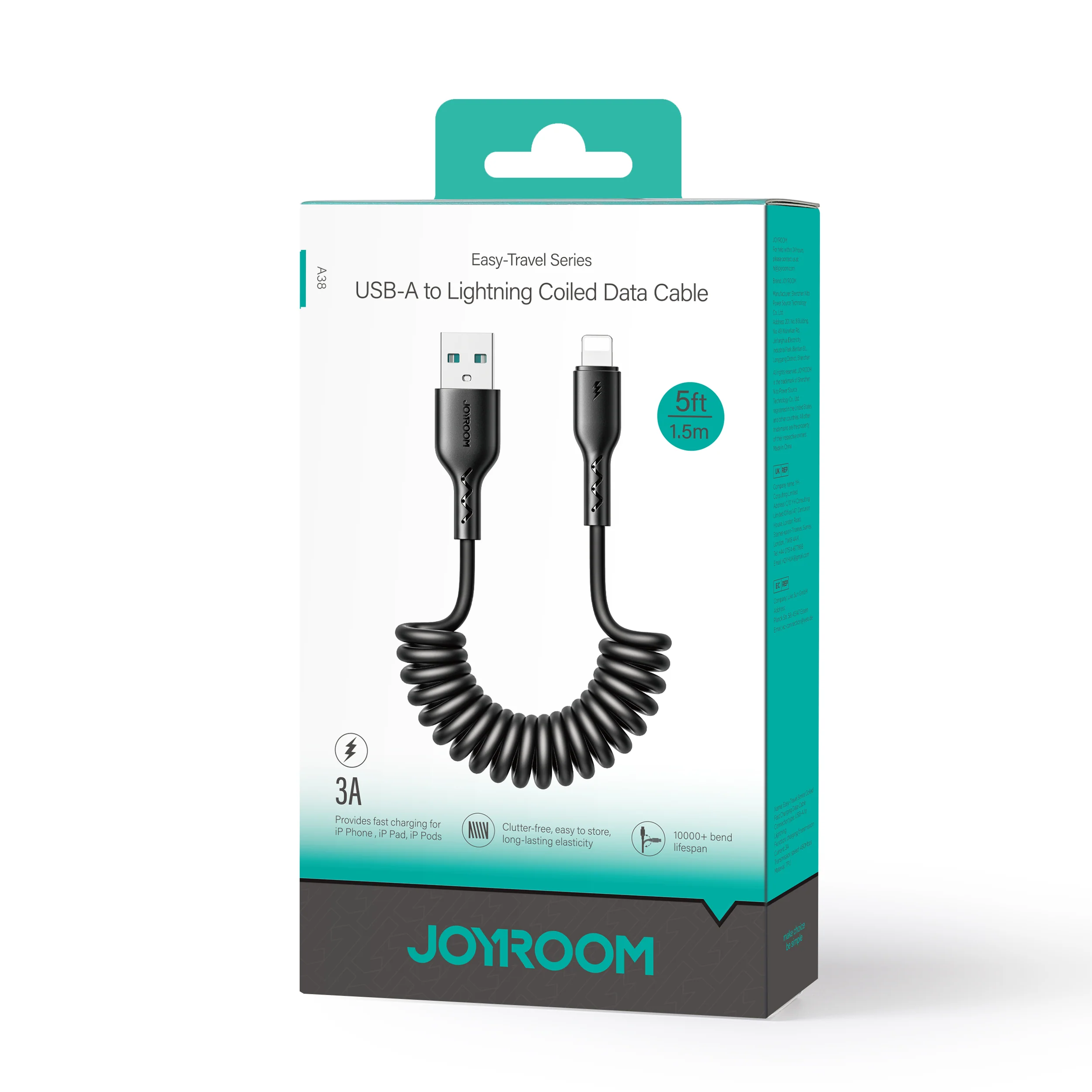 SA38-AC3/SA38-AL3  3A Coiled Fast Charging Data Cable for Car (Type-C/Lightning) 1.5m-Black - Image 4