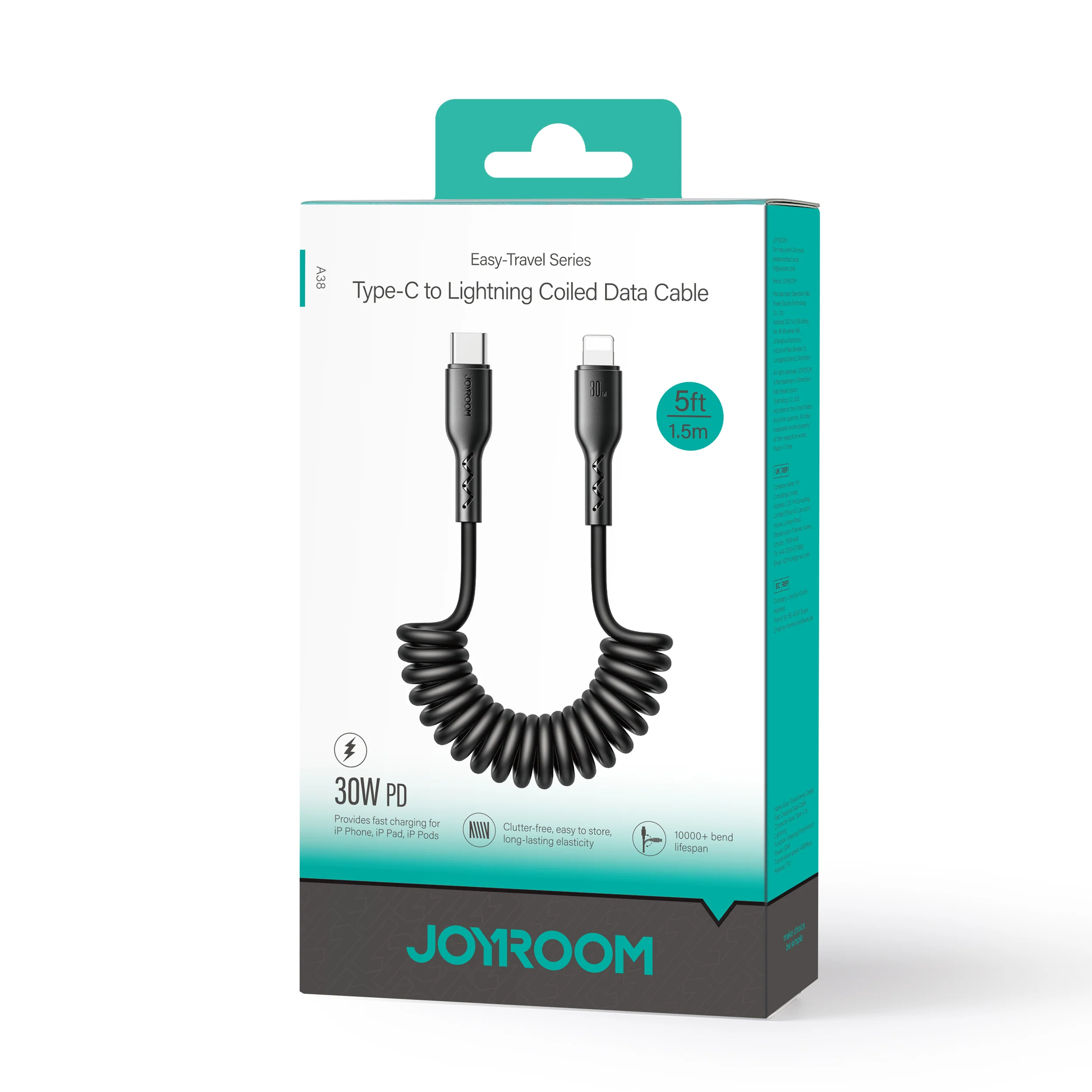 SA38-CC3  60W/SA38-CL3  30W Coiled Fast Charging Data Cable for Car (Type-C to Type-C/PD) 1.5m-Black - Image 4