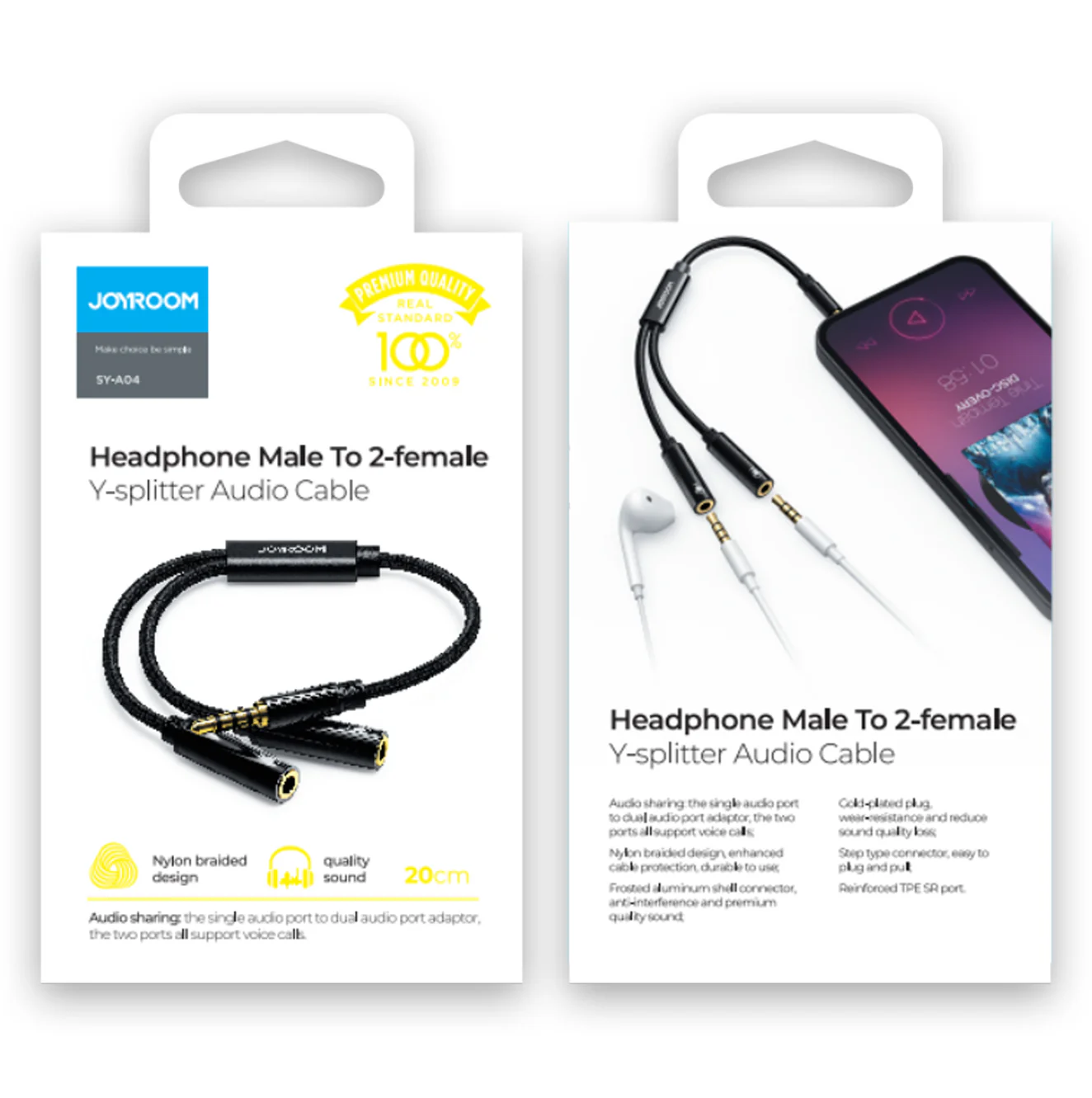 SY-A04 Headphone male to 2-female Y-splitter audio cable 0.2m-black - Image 5