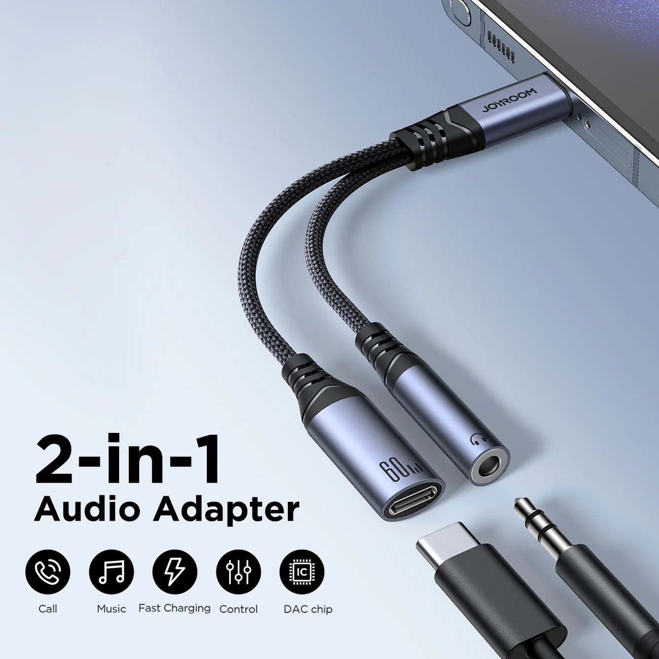 SY-C02 Audio-Transfer Series 2-in-1 Audio Adapter (Type-C to 3.5mm+Type-C)-Black - Image 2